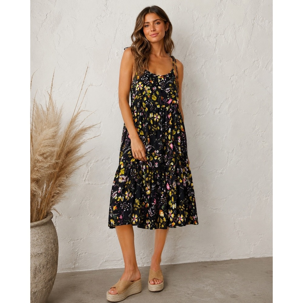 Natural Life Midi Dress Womens XL Black New Floral Tiered Boho LHDRS001918